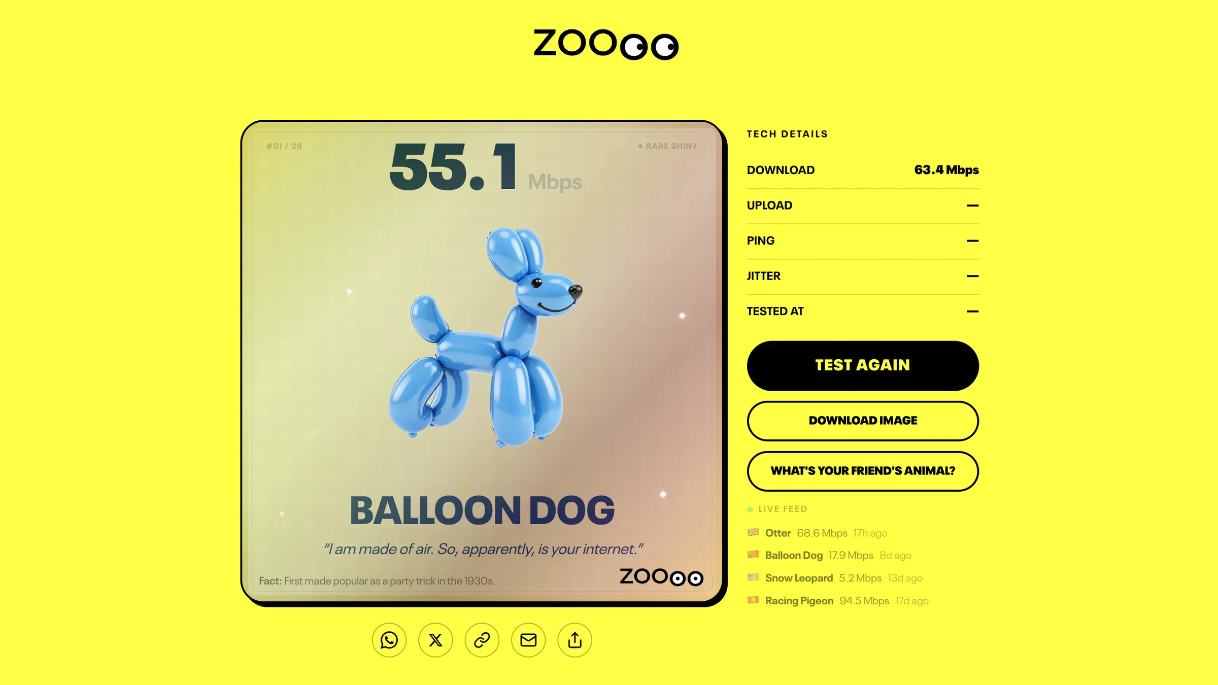 The zoooo speed test showing a result of 55.1 Mbps as a blue balloon dog, captioned "I am made of air. So, apparently, is your internet."
