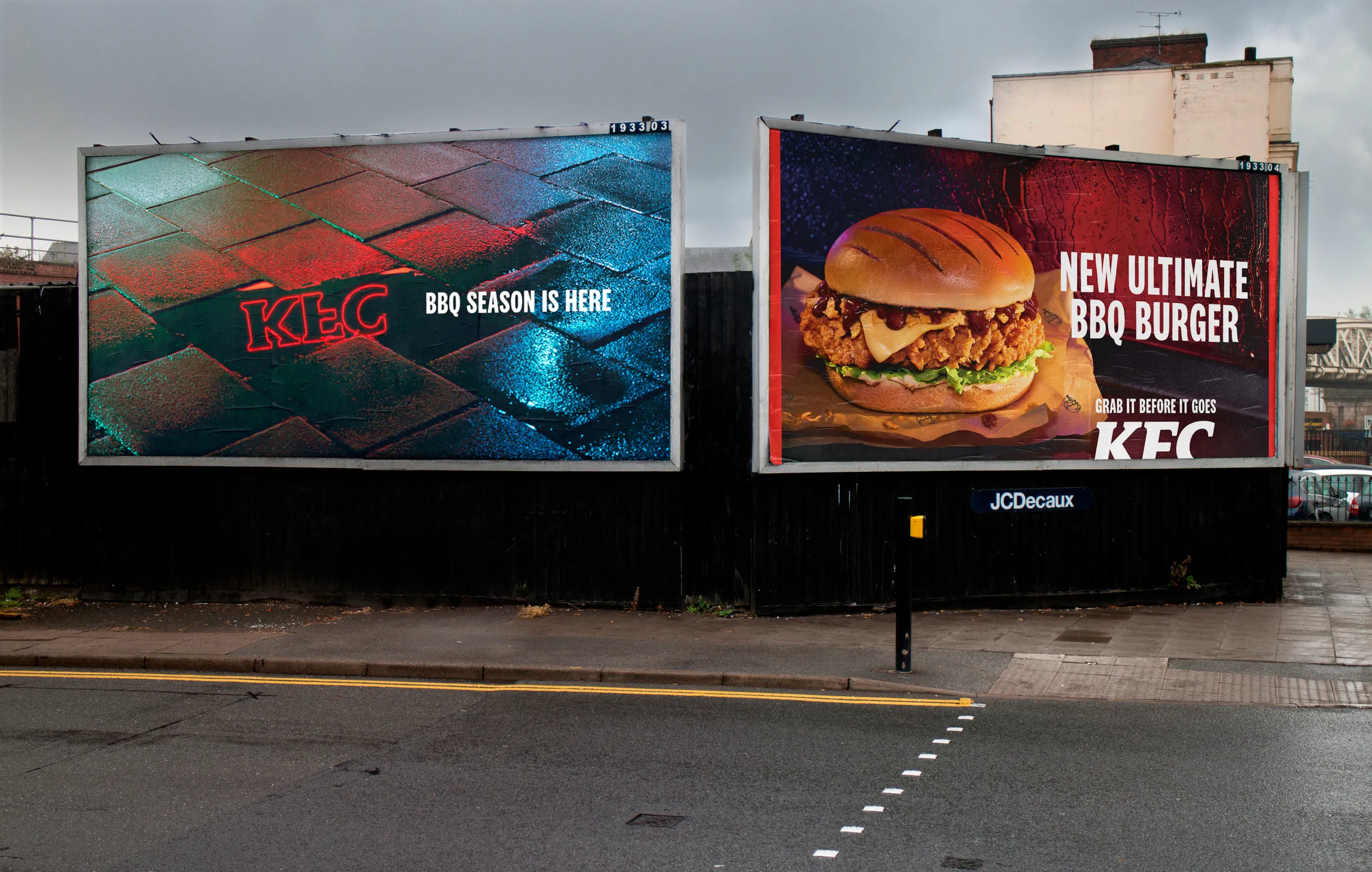 Paired roadside billboards — "bbq season is here" beside the Ultimate BBQ Burger