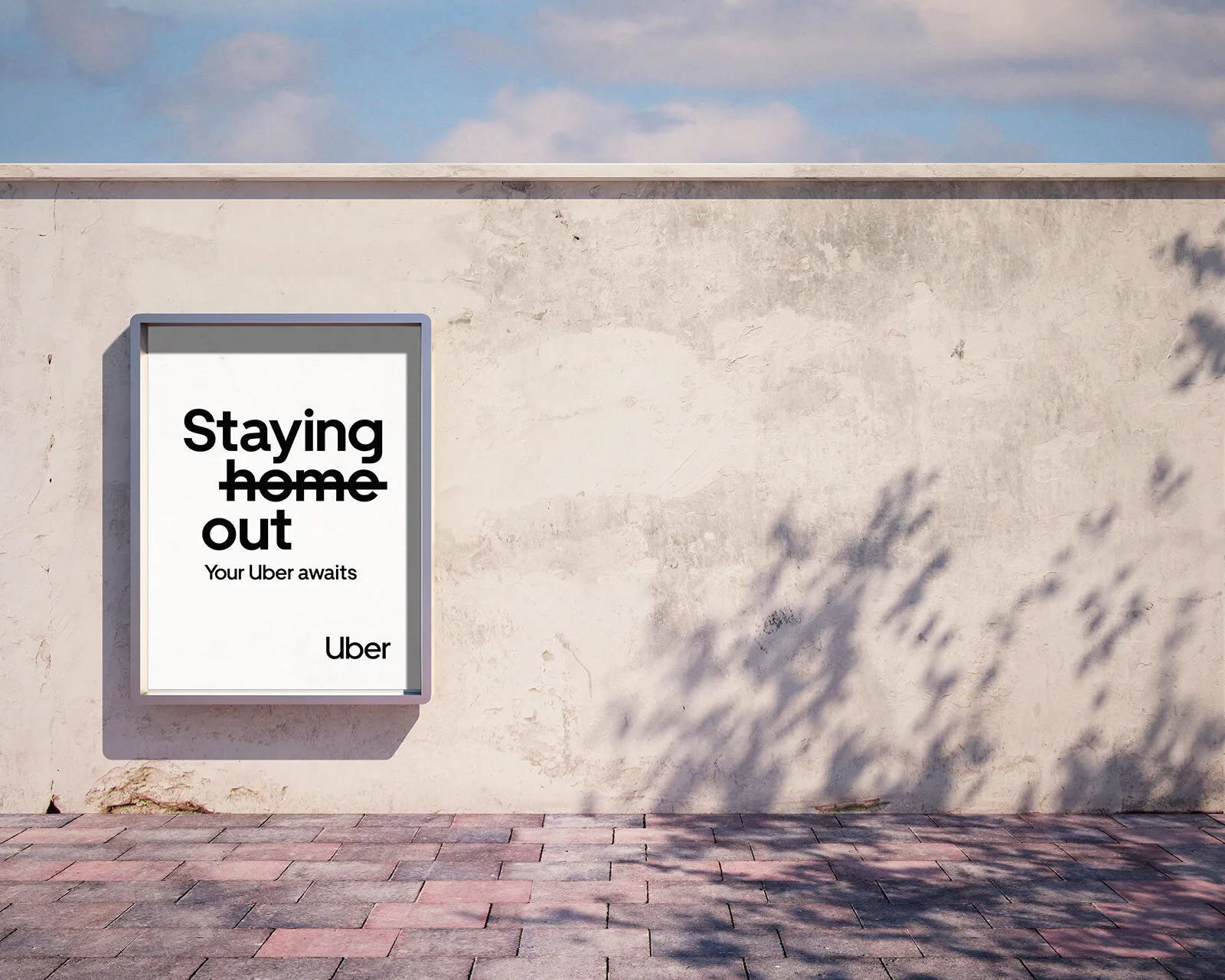 "staying home out" poster on a sunlit wall, tree shadows across the render