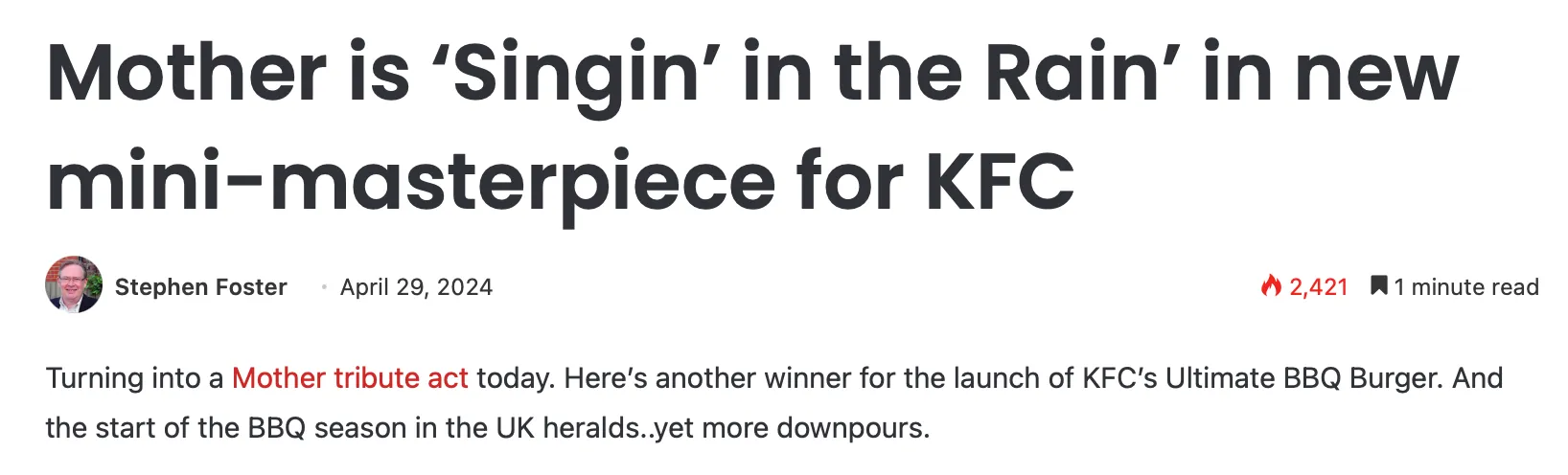 Press coverage — "Mother is 'Singin' in the Rain' in new mini-masterpiece for KFC"