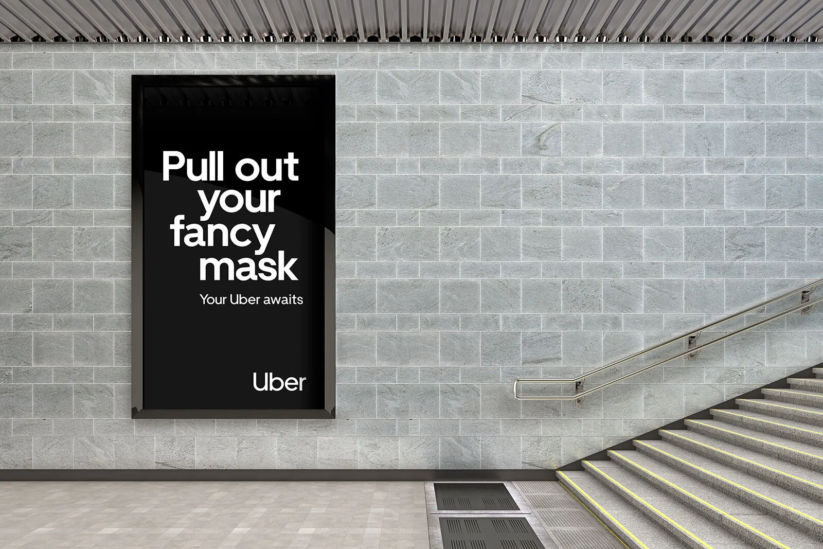"pull out your fancy mask" poster on a tiled station wall beside stairs